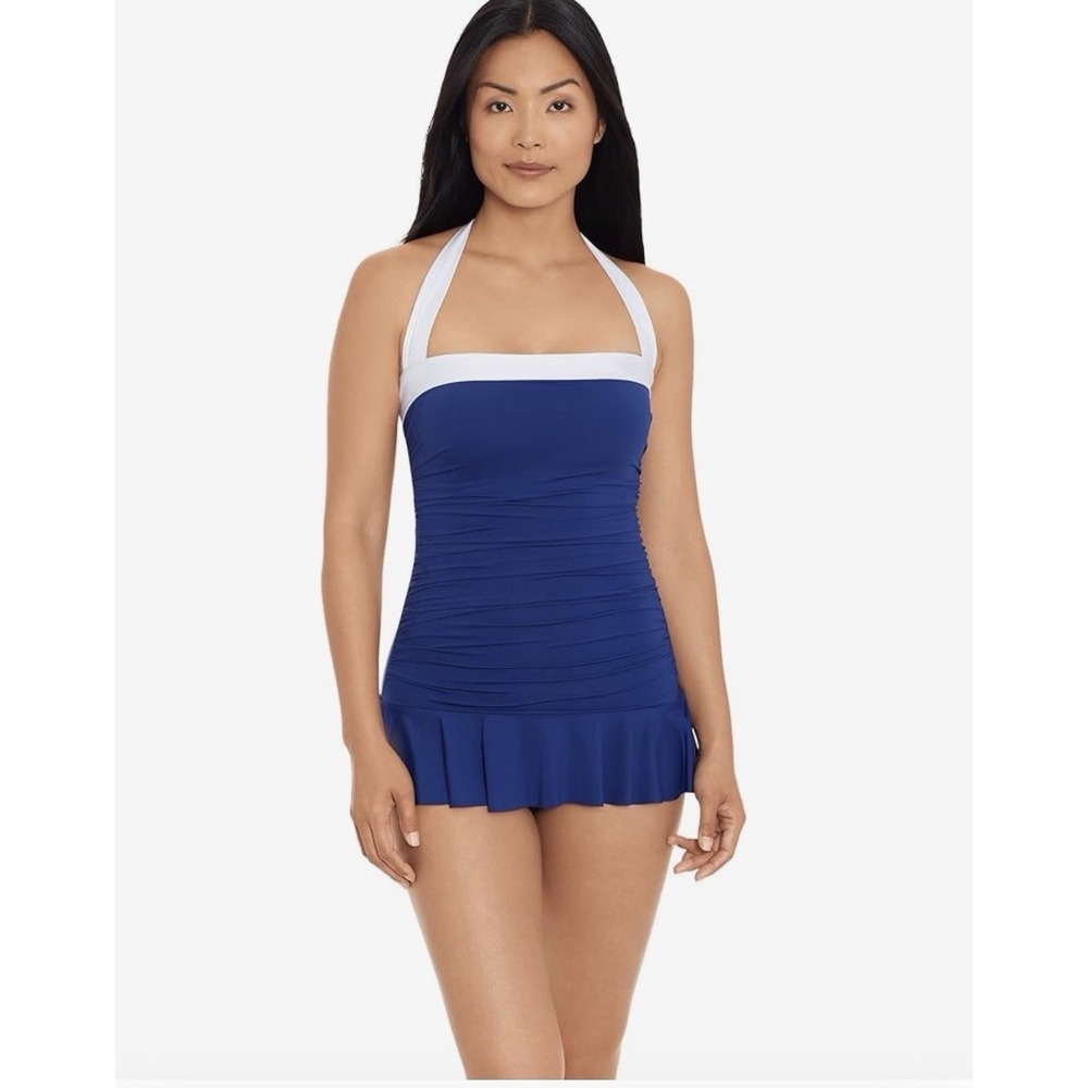 Lauren Ralph Lauren Blue Bel Air Shirred Bandeau One Piece Swim Suit. Sz 12. NWT